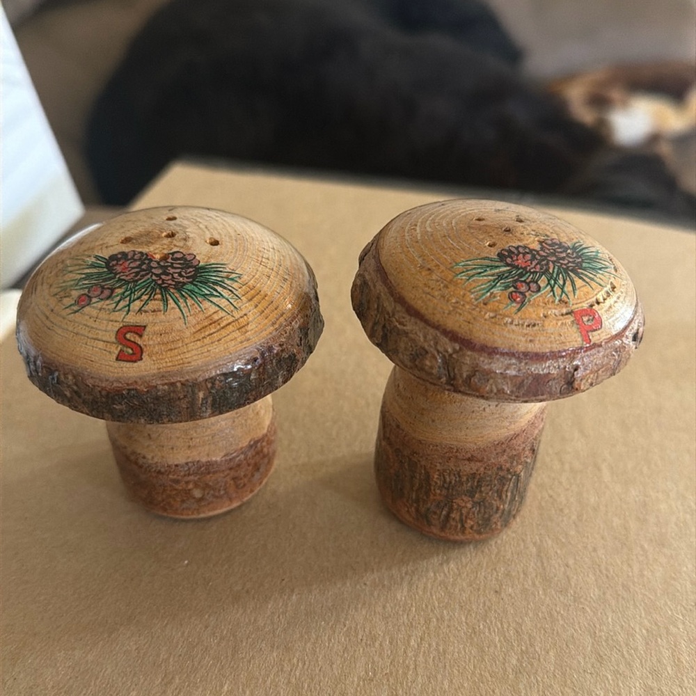 Vintage wooden mushroom salt and pepper shaker